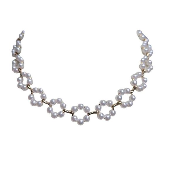 Flower Shape Braid Necklace Gold Faux Pearls Short Choker Necklace - Picture 6 of 6